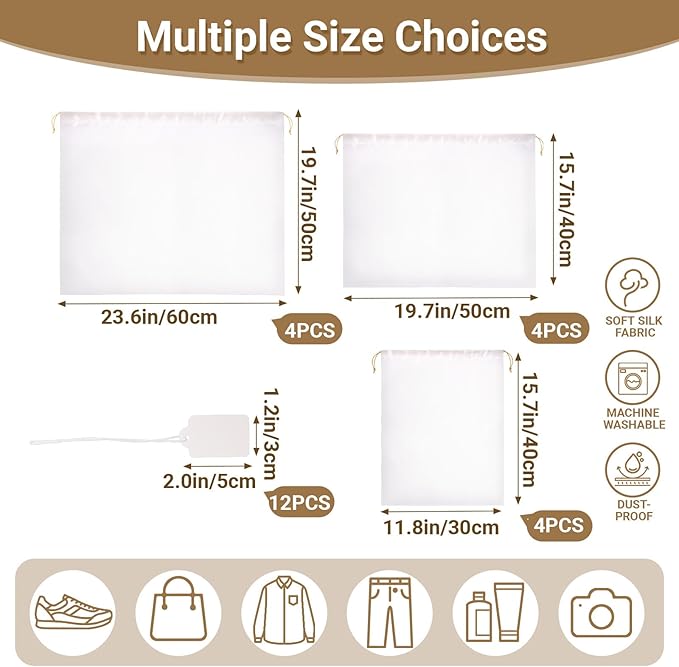 Ewen 12 Pack Satin Dustbags with Drawstring, Small Medium Large Dustproof Packing Pouch with Blank Tags Set for Travel Essentials, White Dust Bags for Handbags Closet Storage Shoes Purse Organization