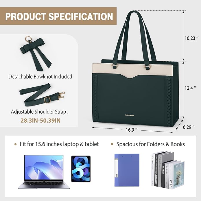 RAINSMORE Laptop Bag for Women 15.6 Inch Work Tote Bag with Detachable Strap & Bow Professional Laptop Tote with Cup Holder