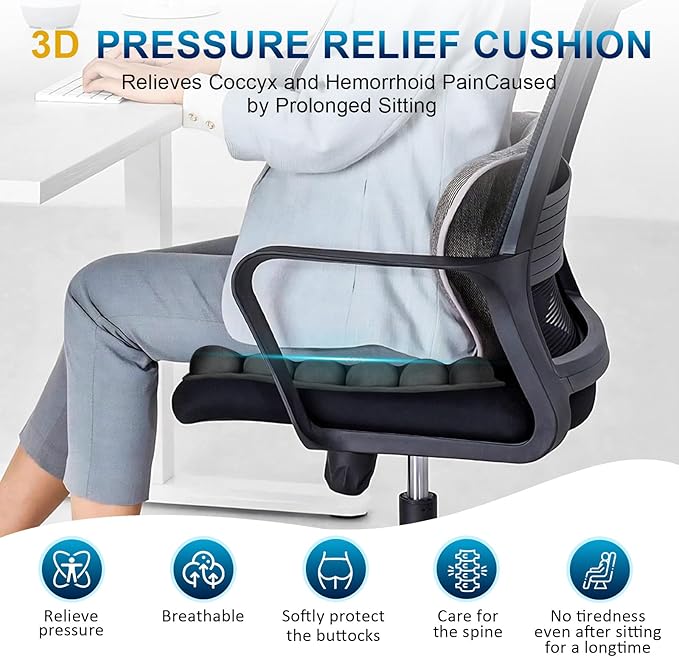 Inflatable Airplane Seat Cushion, Comfort 3d Air Cell Seat Cushion, Tailbone Pain Relief for Long Distance Sedentary People to Use (Black, 16*18in)
