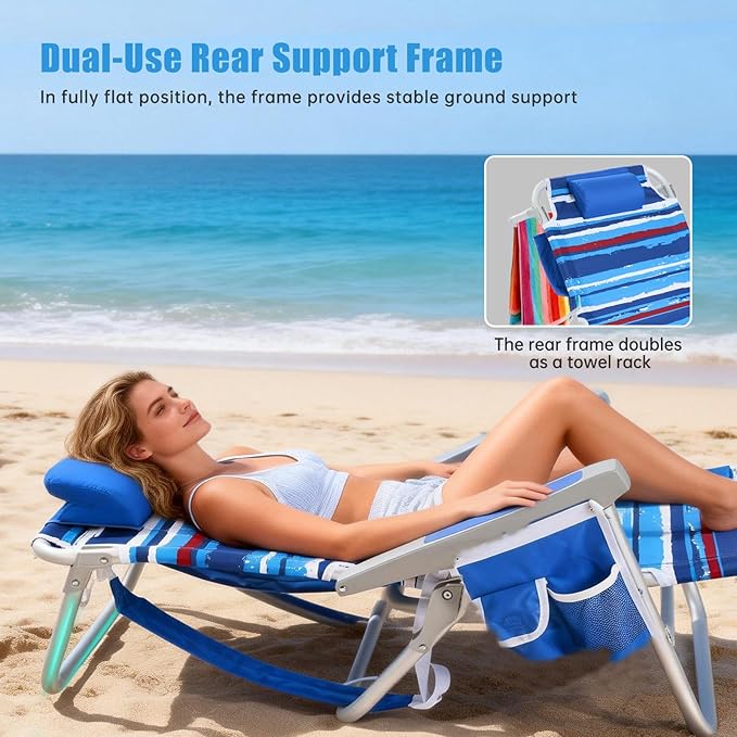 SUNNYFEEL Low Beach Chair 2 Pack, 5-Position Lay Flat Reclining, Backpack Portable Folding Chairs with Cooler Bag & Cup Holder, Heavy Duty 350 LBS, Compact for Beach, Camping, Travel