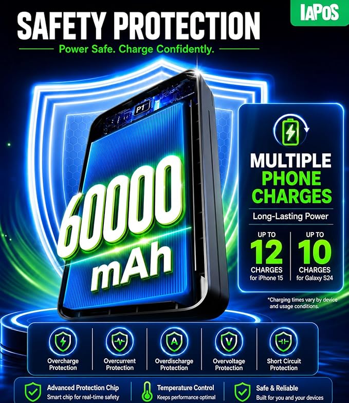Portable Charger Power Bank - 60,000mAh Battery Pack, 22.5W Fast Charging Phone Charger Attached USB-C/iOS/Micro-USB Cable, Powerbank for iPhone 17 16 15 14 13 Samsung, for Travel Camping Essentials