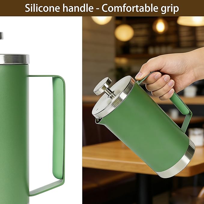 Green 600ml French Press Coffee Maker, Double Wall Stainless Steel, Detachable Filter, Cool Touch Insulated Handle, Easy to Clean, Portable Coffee Brewer for Home, Camping, Single & Couple Use