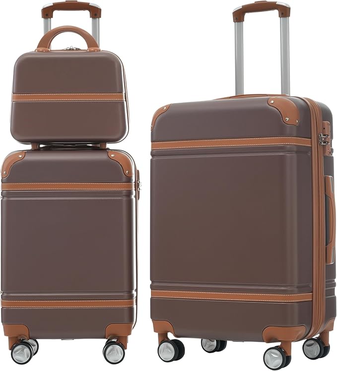 Luggage Sets, 2 Piece Carry on Luggage Set with Travel Bag, 2 Piece Expandable Spinner Hardshell Suitcase with TSA Lock, Back to School Suitcase, Women Men (Brown, 20/24 inch+Cosmetic Case)