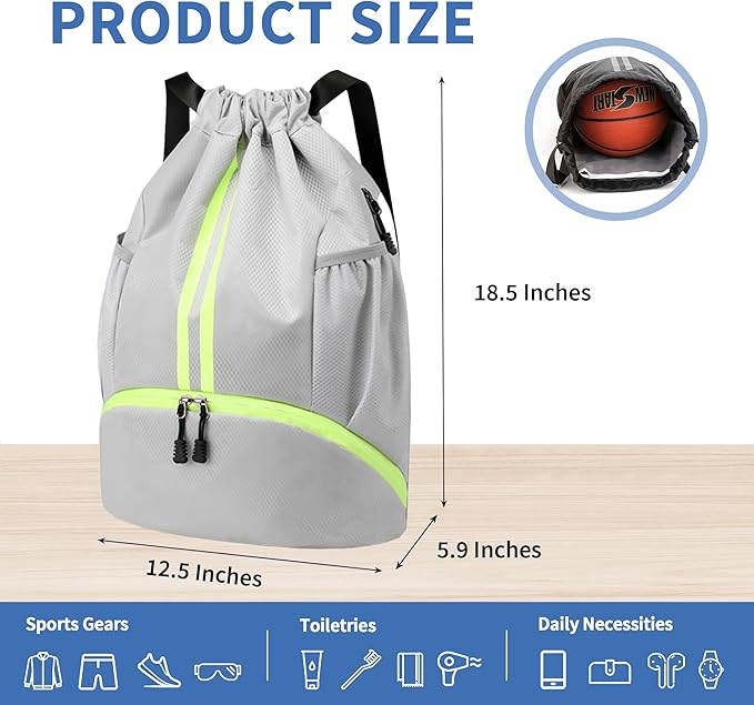 JELUTAR Drawstring Backpack Gym Bag with Shoes Compartment for Soccer, Basketball, Swim, Water-Resistant String Backpack Beach Cinch for Women Men, Grey