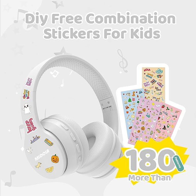 MIDOLA Kids Headphones Bluetooth 5.4 Wireless 68H Play Time Volume Limit 85/94dB Over-Ear Foldable Headset,Type-C Fast Charging, Wired Aux Mic for Toddler Child Pad Tablet White