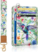 Yonlevres Hummingbird RFID Wristlet Wallet for Women Slim, Small Credit Card Holder Front Pocket Keychain Lanyard, Travel Cute Thin ID Window PU Leather Mini Organizer Case Purse Woman Gifts Ladies