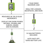 FEEDBACK SPORTS | Expedition Backpacking, Biking, Luggage 110lbs Capacity Digital Scale | Protective Rubber Exterior, Lbs/Kgs/Ounces/Grams/Decimal LCD Display | Batteries Included