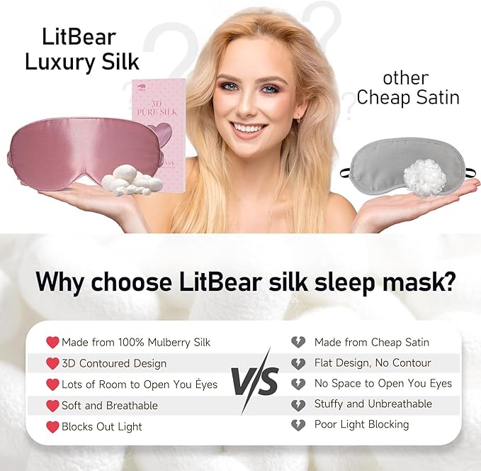 LitBear 100% 22 Momme Mulberry Silk Sleep Mask - 3D Contoured Eye Mask for Men Women, Soft Breathable Sleeping Mask with Adjustable Strap, Perfect Blocks Light for Sleeping (Bean Pink)