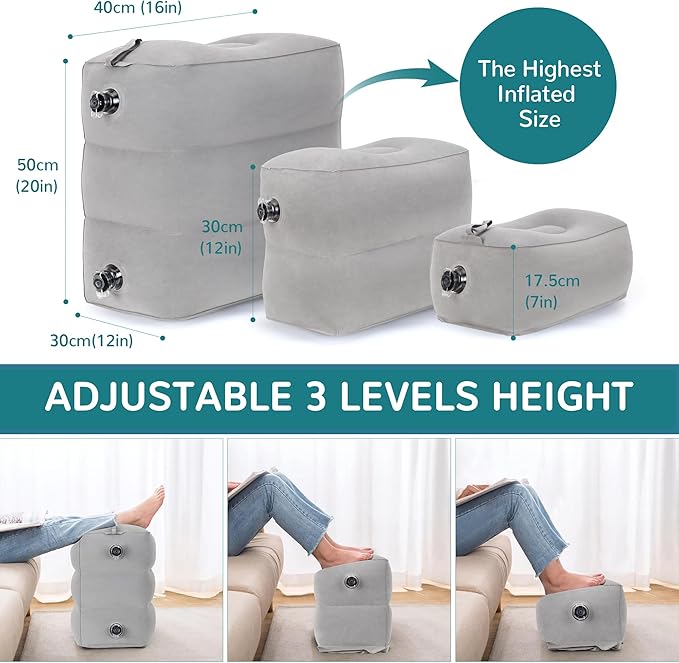 Inflatable Travel Foot Rest Pillow, Adjustable 3 Layers Height Leg Rest Pillow, Kids Airplane Bed, Adults Travel Essentials on Plane, Trains, Cars, Office, Home (Grey, 2 PC)