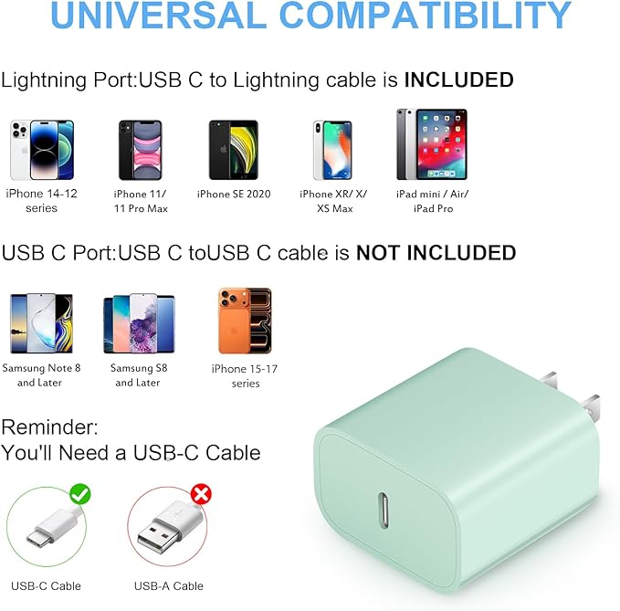 iPhone Fast Charger 3+3Pack 20W USB C Wall Charger with 6FT Fast Charging Cable Compatible with iPhone 14/13/12/11/Pro/Pro Max-Green