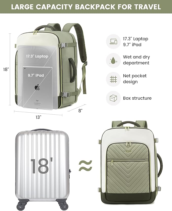 LOVEVOOK Large Travel Backpack for Women, TSA Carry on Backpack for Airplanes, 40L Personal Item Travel Bag for Women fits 17" Laptop,Waterproof Carry on Bag Airplane Approved with 3 Packing Cubes