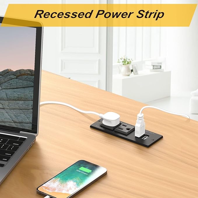 2-Pack Recessed Power Strip Desktop Power Grommet Conference in Desk Outlet Power Socket 2 Outlets &2 USB Ports 10 FT Extension Power Cord, ETL Listed