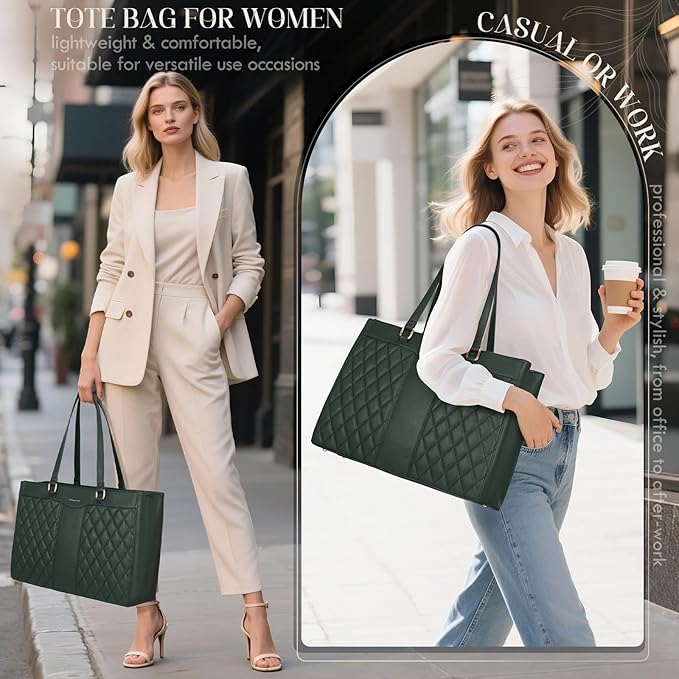 RAINSMORE Laptop Bag for Women 15.6 Inch Work Tote Bags Leather Laptop Tote Professional Laptop Purse Computer Handbag Womens Briefcase Tote with Clutch for Teacher Office Travel, Dark Green