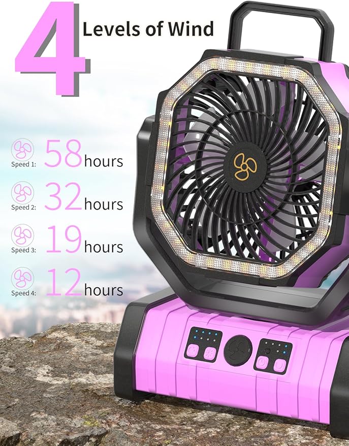 Battery Operated Portable Camping Fan Battery Powered Outdoor Tent Fan with LED Lantern Light 20000mAh Rechargeable, Oscillating, 360° Rotating Hanging Hook, Cordless USB Desk Fan(Pink)