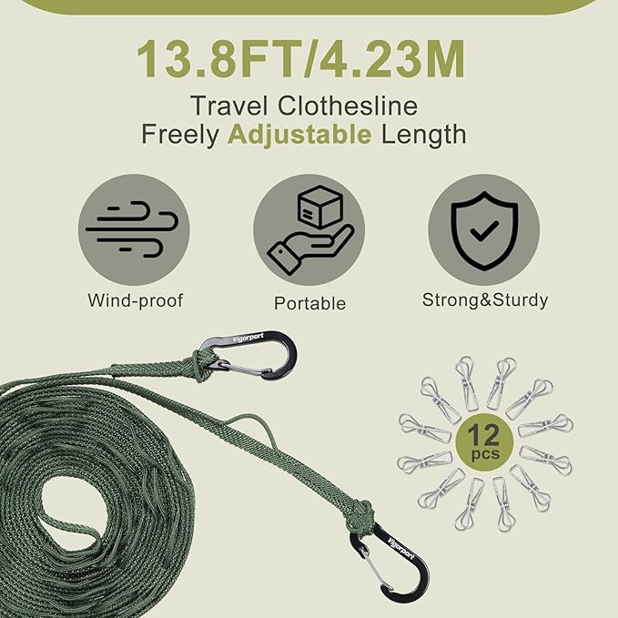 Vigorport Portable Travel Clothesline, Windproof Clothes Line with Hang Hole, Indoor and Outdoor Laundry Line with Clothespins for Hotel, Camping, RV, Cruise Ship (Green, 13.8Ft)