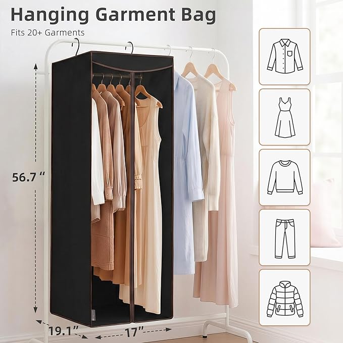 STORAGE MANIAC 57" Long Garment Bags for Hanging Clothes Garment Cover for Closet Storage, Large Hanging Garment Bag for Dresses, Suits, Coats, Zipper Cover with Sealed Clear Window, Black 2 Pack