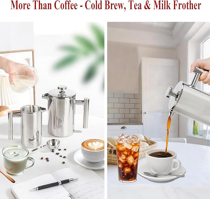 Stainless Steel French Press Coffee Maker - Portable Cafetiere 3 Cup Espresso Coffee Press - Double Wall Insulated, Triple Mesh Filter - Perfect for Home, Office, Camping & Travel (20 Oz)