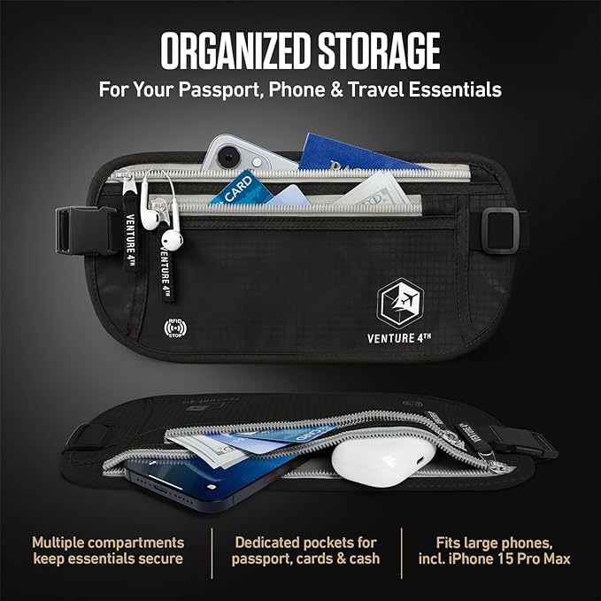 VENTURE 4TH Money Belt for Travel – Slim Hidden Under-Clothes RFID Blocking Anti-Theft Passport Holder & Travel Wallet Pouch for Men & Women to Protect Cash, Cards & Documents (Black)