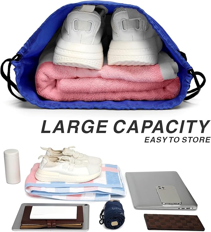 Drawstring Backpack Sports Water Resistant String Bag Sport Gym Sackpack for Women Men Large with Zipper, Royal