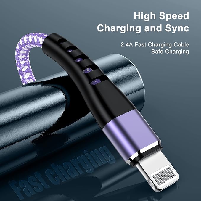 Essri for Phone Charger Cord 6 FT 2Pack,USB to Lighting Cable 6 Feet, Nylon Braided Long Charging Cable 6 Foot Compatible with iPhone 14/13/12/11/X/XS/XR/12/Pad Mini Air - Purple