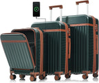 Merax 3 Piece Luggage Set ABS Hardside Suitcase Sets with Spinner Wheels and TSA Lock, 20 inch with Front Opening Design and USB Port, 20" Airline Certified Carry-on Luggage, 20" 24" 28", Dark Green