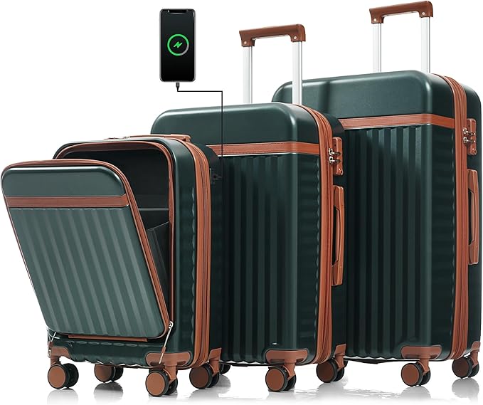 Merax 3 Piece Luggage Set ABS Hardside Suitcase Sets with Spinner Wheels and TSA Lock, 20 inch with Front Opening Design and USB Port, 20" Airline Certified Carry-on Luggage, 20" 24" 28", Dark Green