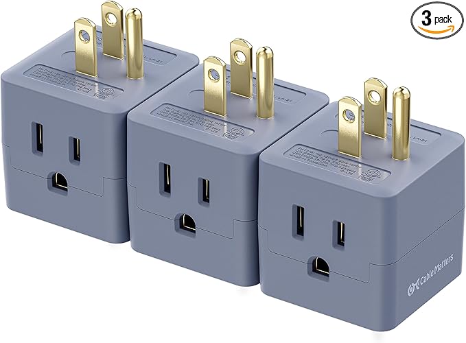 [ETL Listed] Cable Matters 3-Pack 3 Outlet Wall Adapter (Grounded Cube Tap, Outlet Splitter, 3 Way Plug Adapter, 3-Prong Power Splitter), Gray