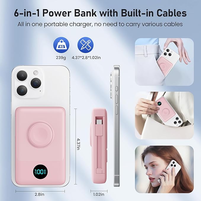 Magnetic Portable Charger for MagSafe with Built-in Cable,iWatch Charger,10800mAh Wireless Power Bank Travel Essentials,25W PD Fast Charging Battery Pack for iPhone 17/16/15/14/13/12,Apple Watch-Pink