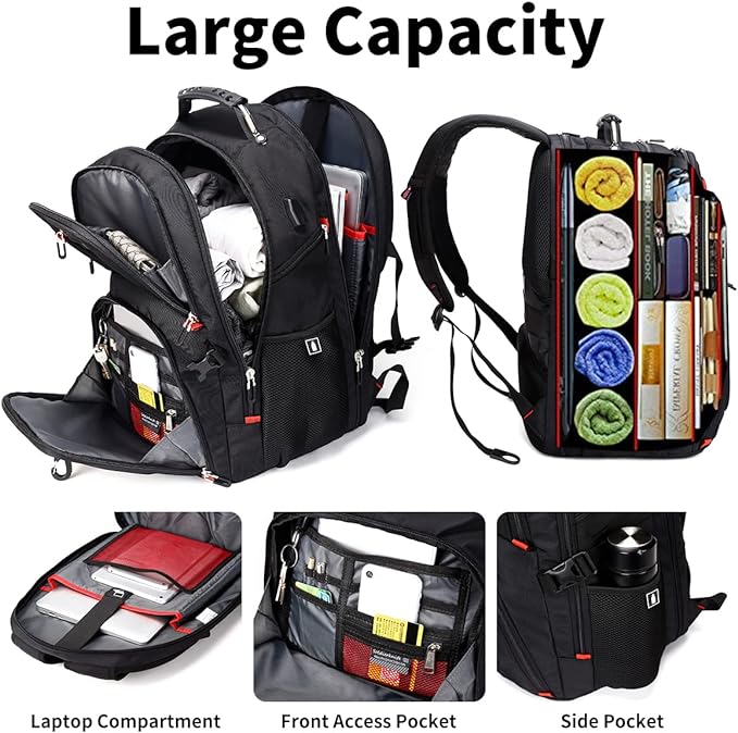 SHRRADOO Extra Large 50L Travel Laptop Backpack with combination lock, College Backpack Airline Approved Business Work Bag Fit 17 Inch Laptops for Men Women,Black