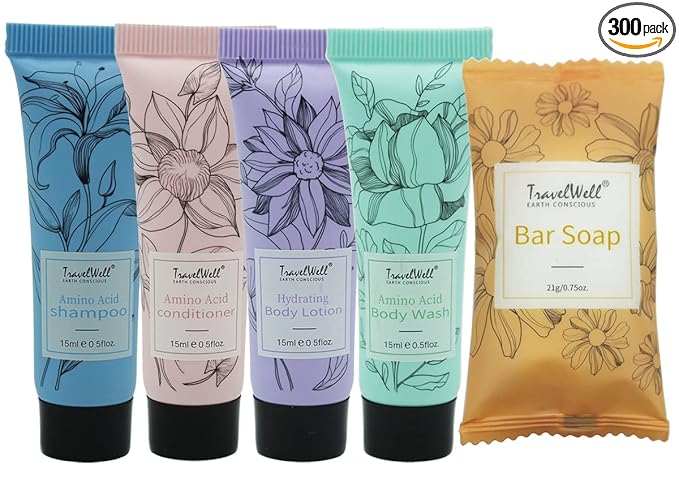 Travel Well Flower Series Mini Hotel Toiletries - Individually Wrapped Guest Bathroom Amenities in Bulk - Shampoo & Conditioner Minis Bulk - Body Wash & Lotion Sets - 60 Sets, 15 ml & 21 g Bars