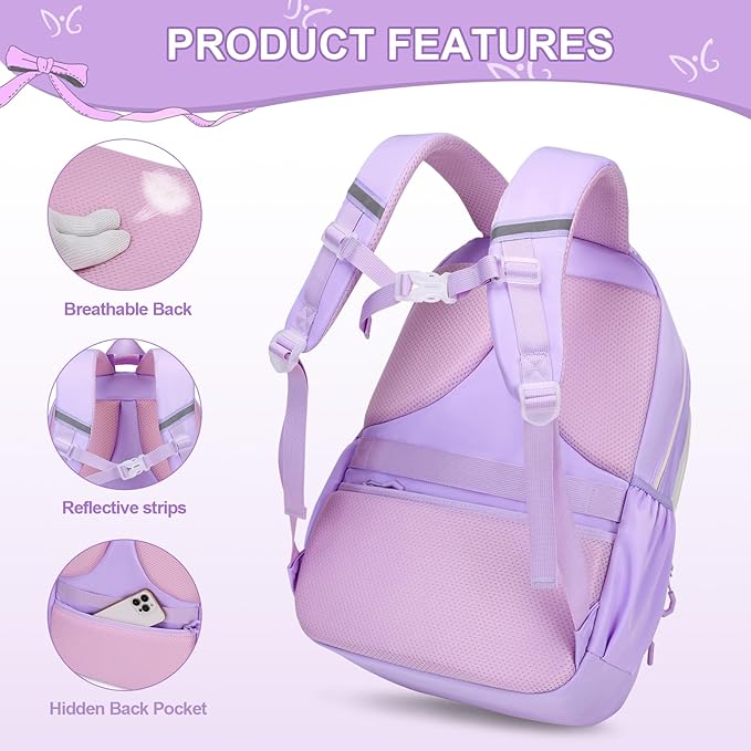 DIGOBAY Backpack for Girls, 3PCS Girls Backpack for School with Lunch Bag Pencil Case, Cute Kids Teens Bookbag for Kindergarten Elementary Preschool Middle School (Purple)