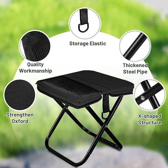 Ultra-Thin Portable Folding Stool - 1.97" Slim Fold, 0.99LB Lightweight, 200LB Capacity Camping Chair for Adults, Compact Collapsible Seat for Outdoor Fishing, Hiking, Events & Queue（Black）