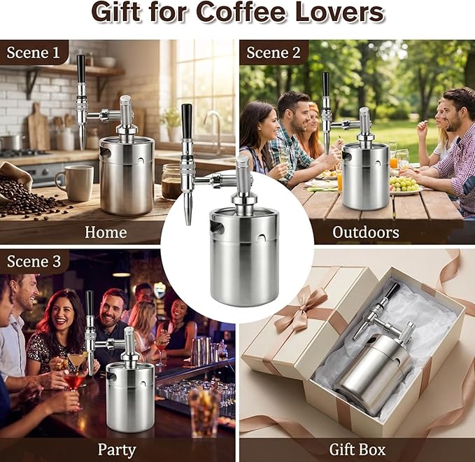 Nitro Cold Brew Coffee Maker, 64oz SS Mini Keg Cold Brew Maker, Nitro Coffee Machine System with Pressure Relief Valve & Stout Creamer Faucet Nitro Keg Coffee Growler Gift for Coffee Lovers