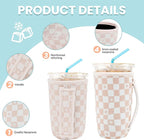KJQJLY 3 Pack Reusable Iced Coffee Sleeves for Iced Coffee Cups or Drinks Reusable Neoprene Insulated Sleeves for Hot and Cold Drinks from Starbucks, Dunkin, And More (Floral Checkers)
