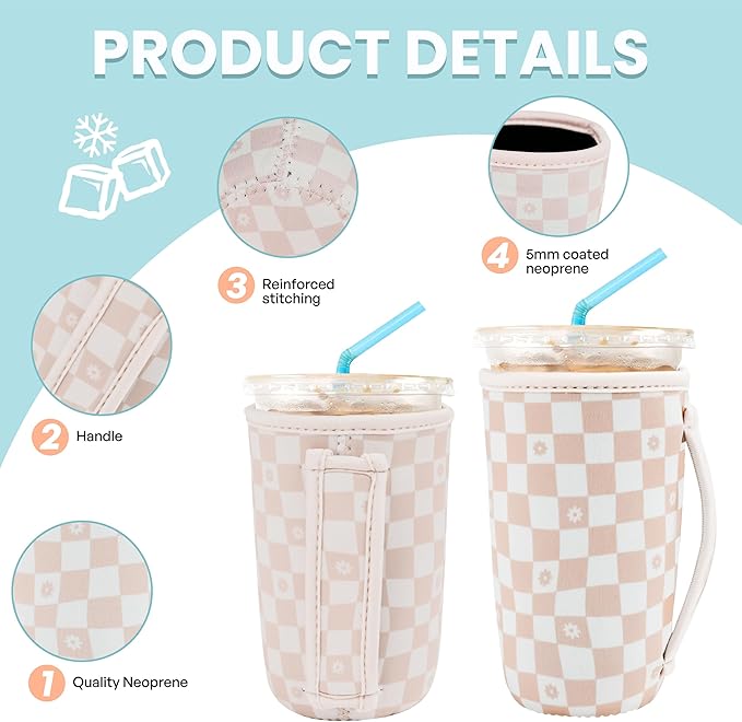 KJQJLY 3 Pack Reusable Iced Coffee Sleeves for Iced Coffee Cups or Drinks Reusable Neoprene Insulated Sleeves for Hot and Cold Drinks from Starbucks, Dunkin, And More (Floral Checkers)