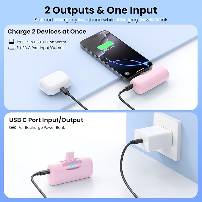 [2 Packs]Mini Portable Charger for iPhone 17, 5500mAh LCD Display USB C Power Bank,Fast Phone Charging Travel Pocket Size Battery Pack for iPhone 17/17 Pro/17 Pro Max/16/15 Series,Android(Navy+Pink)