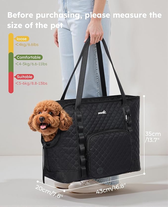 Pecute Dog Purse Carrier, Dog Carrier with Pockets for Small Dogs, Fits Dogs 8.8 lbs to 13 lbs, Cat and Puppies Tote Bag, Outing, Travel, Vet, XL,16.9" L x 7.9" W x 13.8" H, Black