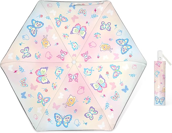 Kids Folding Umbrella Auto Open/Close Umbrellas for Rain Round Corner Safe Design UV Resistant Automatic Children Travel Umbrellas Reinforced Canopy 360° Reflective Strip Lightweight for Girls & Boys