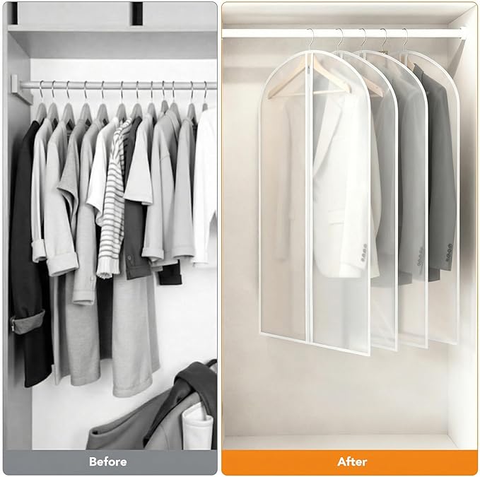 Dntorx 12 Pack Garment Bags 60 * 100cm, 40in PEVA Translucent Garment Covers, Suit Storage Bags, Dress Organizer Bags Used To Protect Shirts, Winter Coats, Jackets（White Edge）