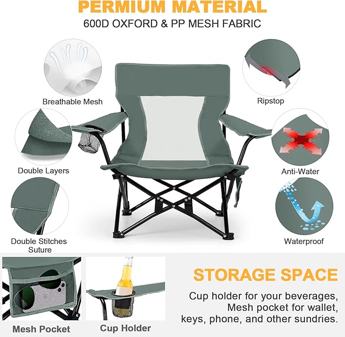 Joyfair Beach Camping Chair (2 Pack), Outdoor Folding Lawn Chair for Adults, Heavy Duty Portable Chair with Armrest for Outside Fishing, Sport, Patio, Cup Holder & Storage Pocket, Carry Bag (Grey)
