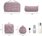 BOYATU Travel Makeup Bag Cosmetic Bags for Women: Large Capacity 3 Pcs Set Make up Bag with Compartments - Waterproof Vegan Leather Toiletry Organizer Bags with Handle (Z-64Purple)