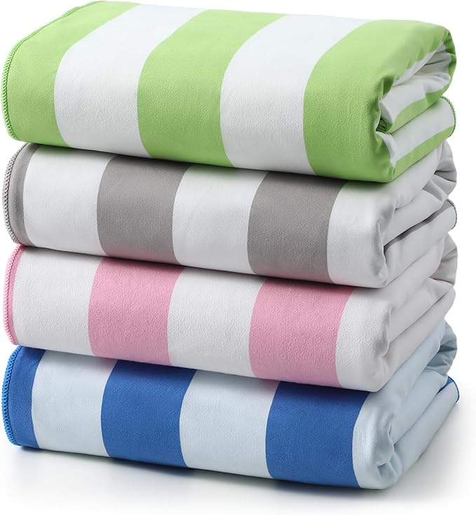 REDKISS 4 Pack Beach Towels 31x61 Inch, Ultra Lightweight Microfiber Pool Towels, Sand Free, Quick Dry & Highly Absorbent Cabana Striped Bath Towels for Beach, Swimming, Camping & Travel (Multicolor)