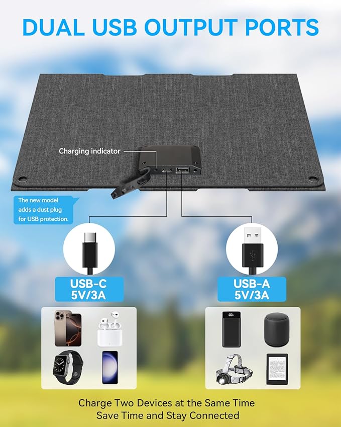 Ecosonique 30W Solar Panel Charger Portable Foldable, USB-C & USB-A Charging, ETFE IP67 Waterproof, Compatible with Cell Phones, iPhone, iPad, Samsung, LG, Power Banks, for Camping, Outdoor, Travel
