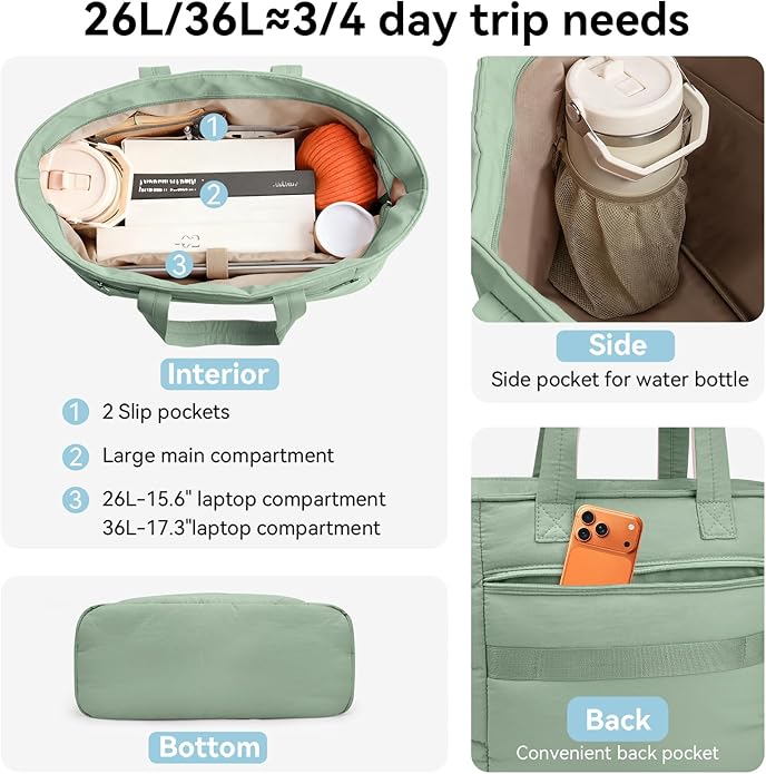 Puffer Tote Bag with Pouch,Women's Lightweight Quilted Shoulder Bag,15.6"/17.3" Laptop Travel Weekender for Work & Nurses