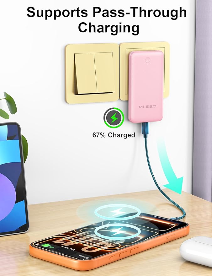 miisso Ultra Slim 10000mAh Power Bank Built-in Cables and Foldable AC Wall Plug, Pocket Size USB C Portable Charger, External Battery Pack Compatible with iPhone Samsung, Pink