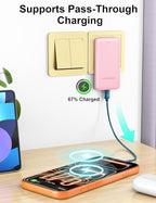 miisso Ultra Slim 10000mAh Power Bank Built-in Cables and Foldable AC Wall Plug, Pocket Size USB C Portable Charger, External Battery Pack Compatible with iPhone Samsung, Pink