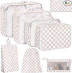 KPX 8 Set Packing Cubes for Travel, Luggage Packing Organizers Accessories Large Toiletries Bag for Clothes Shoes Cosmetics (8Set-Nude Pink Plaid)