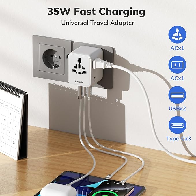Hichain Universal Travel Adapter, 7-in-1 International Power Adapter 35W Fast Charging Adapter for Europe Plug Universal Power Block, GaN Travel Adapter Worldwide Portable Plug for EU, UK, US, AUS