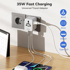 Hichain Universal Travel Adapter, 7-in-1 International Power Adapter 35W Fast Charging Adapter for Europe Plug Universal Power Block, GaN Travel Adapter Worldwide Portable Plug for EU, UK, US, AUS