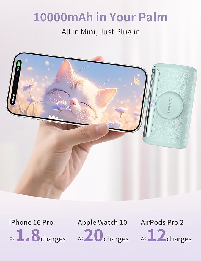 RORRY PalmGo Portable Charger, 10000mAh PD 22.5W Fast Charging Mini Power Bank with Built-in USB C Connector, 3-in-1 Battery Pack for iPhone 17/16/15 Pro/Max, Apple Watch Ultra/11/10/SE, iPad, Green